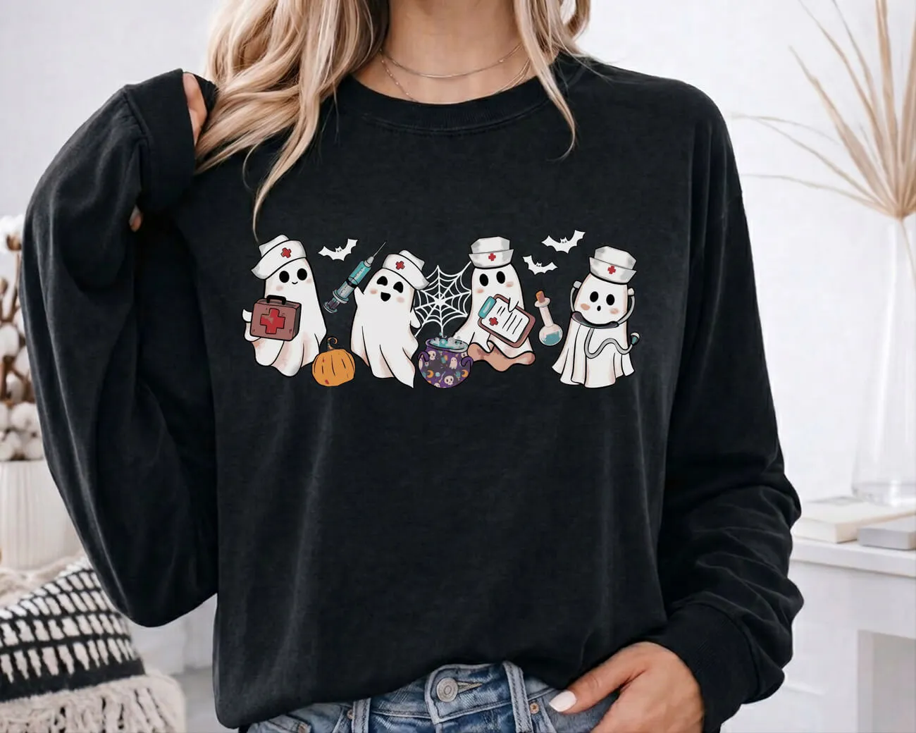 Ghost Nurses Halloween Lightweight Sweatshirt
