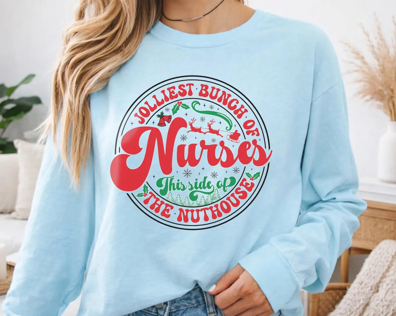 Jolliest Bunch Of Nurses Christmas Lightweight Sweatshirt