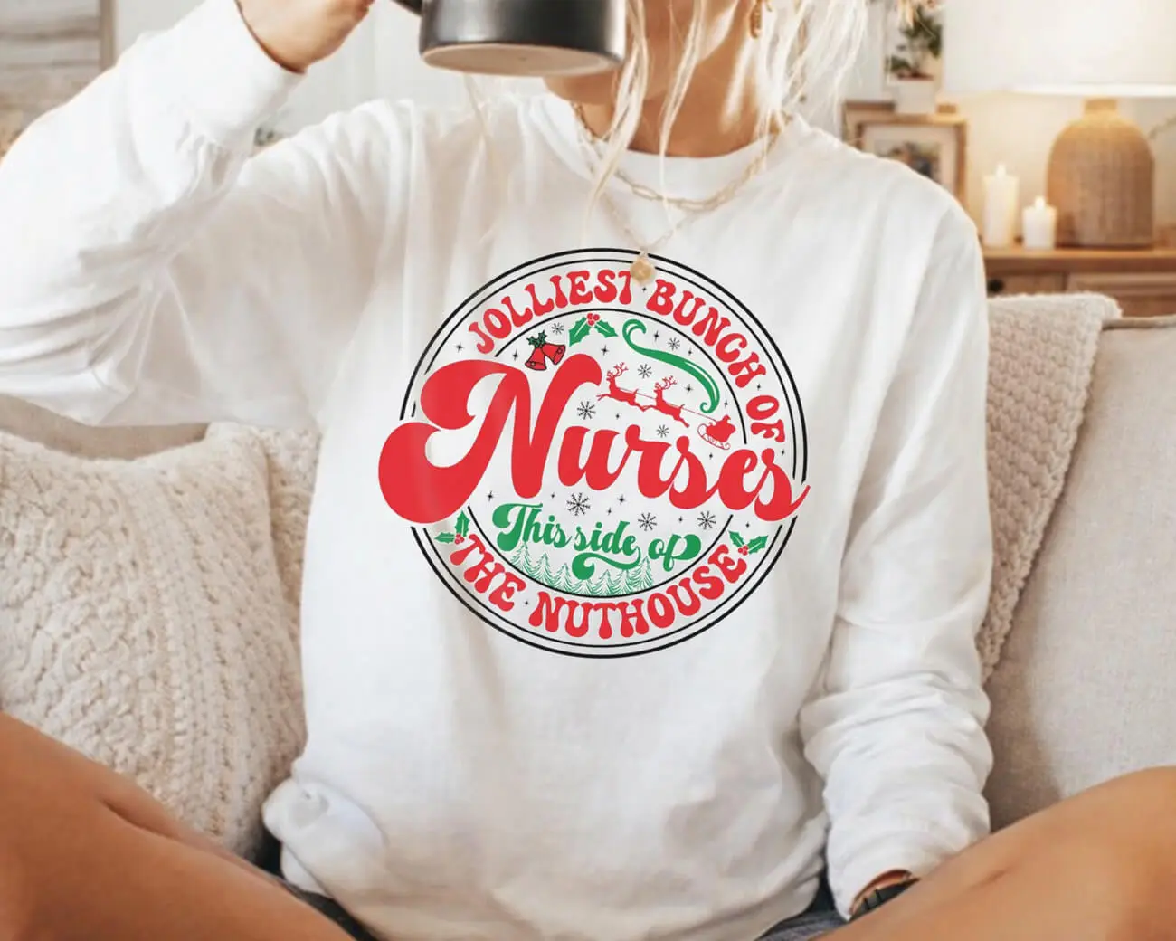 Jolliest Bunch Of Nurses Christmas Lightweight Sweatshirt - Image 2