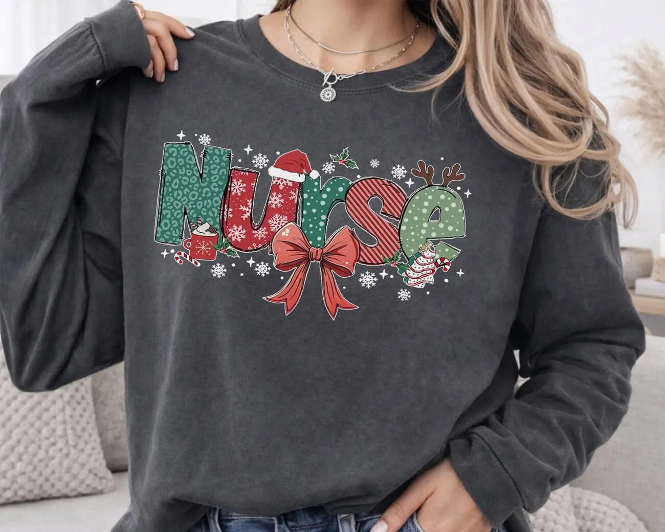 Nurse Christmas Coquette Hot Cocoa Lightweight Sweatshirt - Image 3