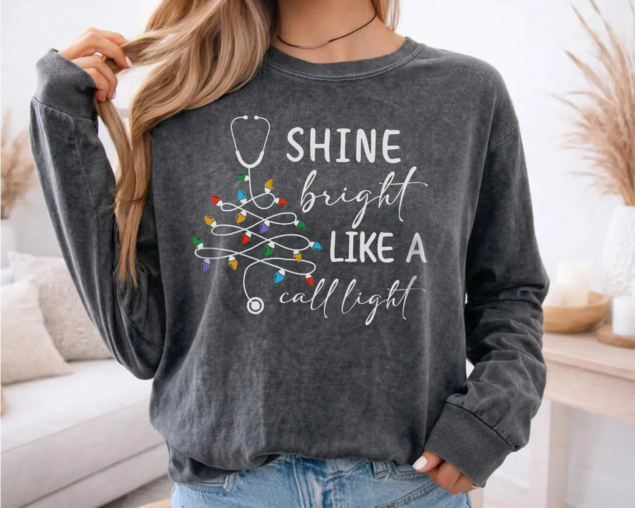 Shine Bright Like A Call Light Christmas Lightweight Sweatshirt - Image 3