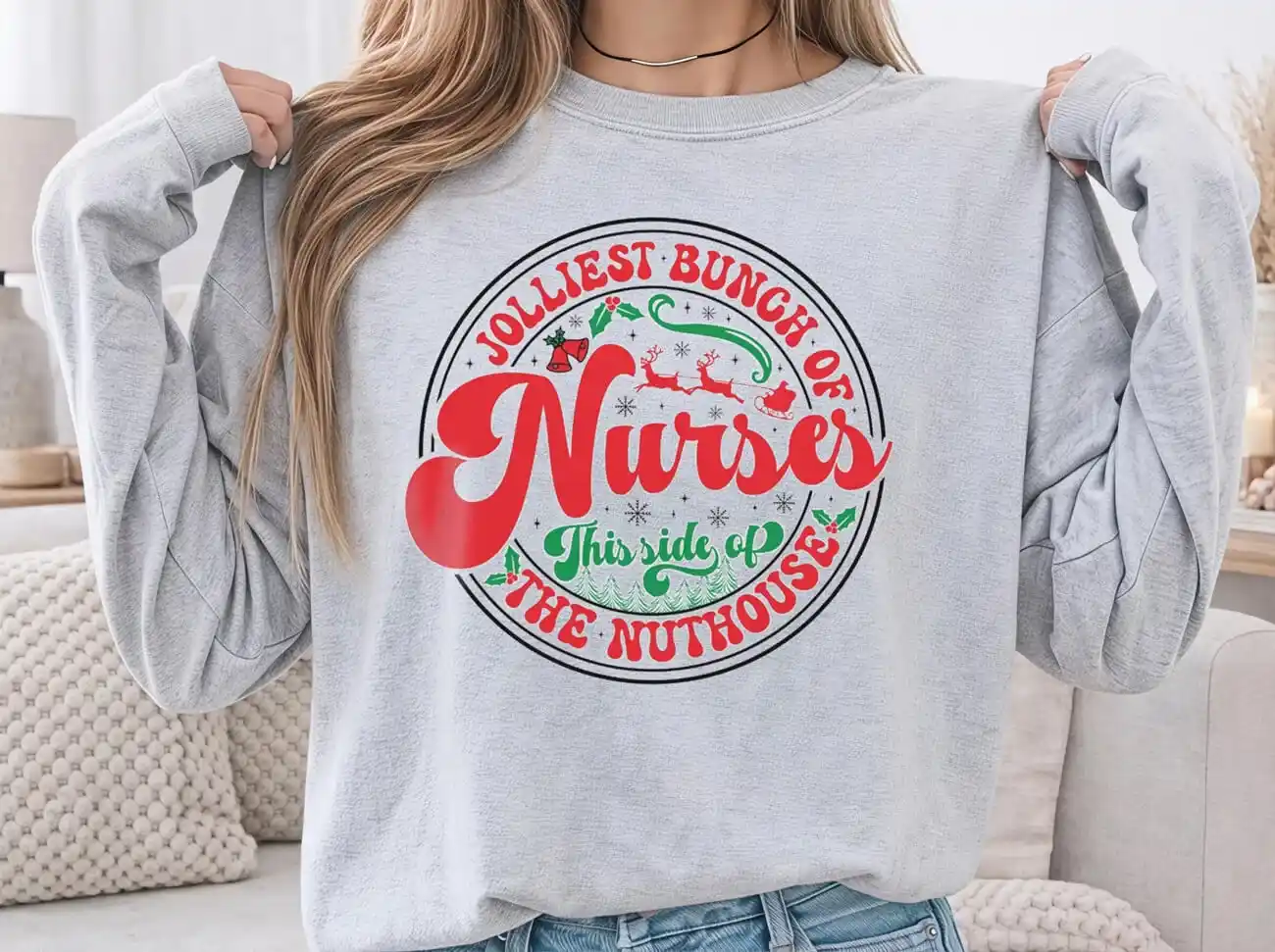 Jolliest Bunch Of Nurses Christmas Lightweight Sweatshirt - Image 3