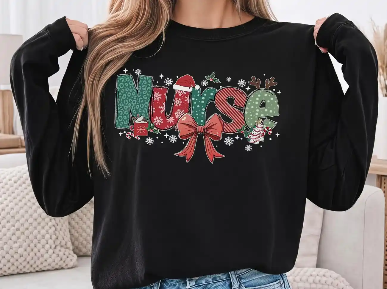 Nurse Christmas Coquette Hot Cocoa Lightweight Sweatshirt