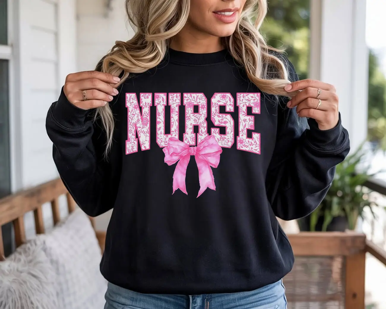 Nurse Pink Floral Bow Sweatshirt - Image 2